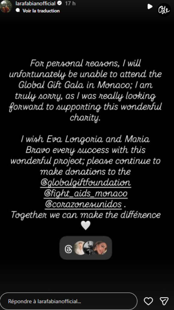 Capture d'écran de la story Instagram de Lara Fabian jeudi 8 octobre.