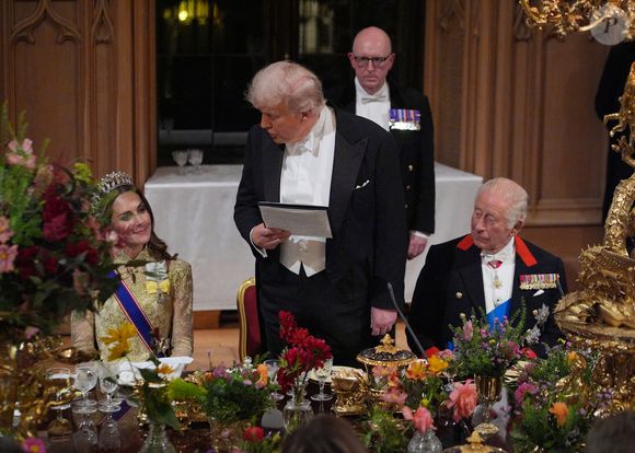 Donald Trump, le roi Charles III et Kate Middleton lors du banquet d'Etat organisé pour Donald et Melania Trump au château de Windsor. © PA Photo/ Bestimage