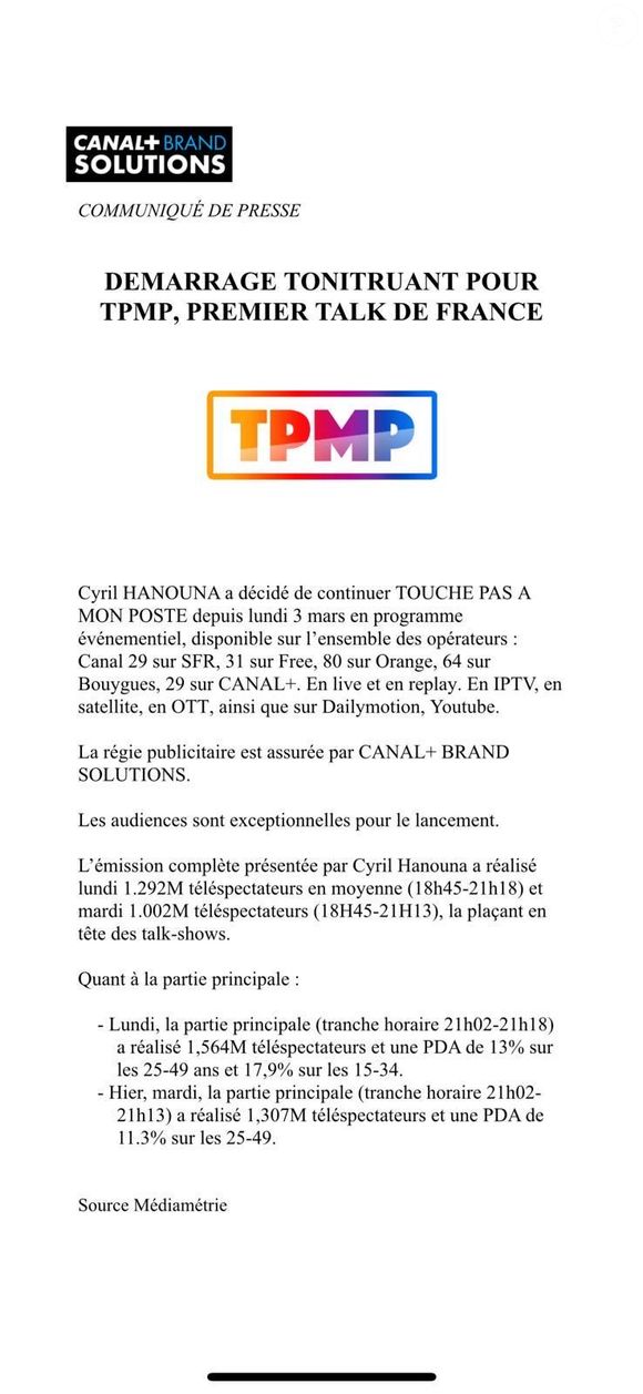 Communiqué de presse Canal+Brand Solutions, source Médiamétrie, sur les audiences de TPMP.