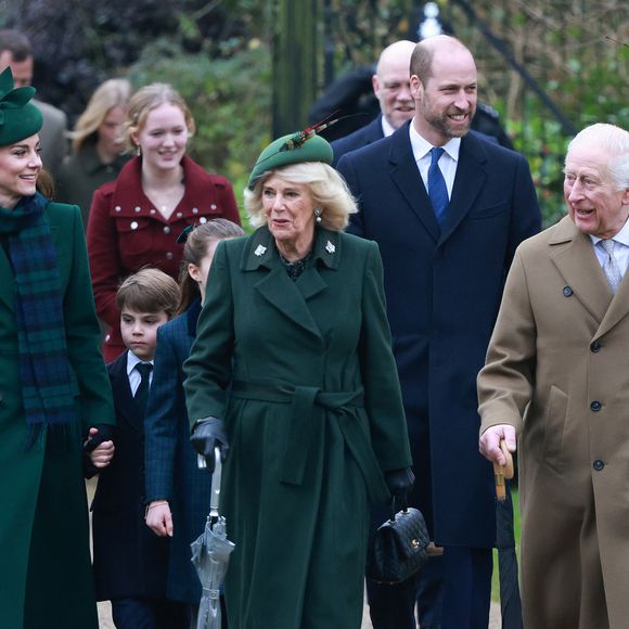 Catherine (Kate) Middleton, princesse de Galles, Prince Louis, le prince William, prince de Galles, Le roi Charles III d'Angleterre et Camilla Parker Bowles, reine consort d'Angleterre - La famille royale britannique se rend à la messe de Noël à Sandringham le 25 décembre 2024.