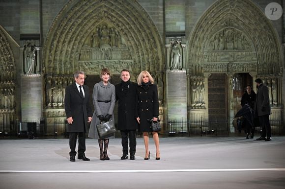 French President, Emmanuel Macron and his wife, Brigitte Macron, Former French President, Nicolas Sarkozy and his wife Carla Bruni attend the welcome ceremony at official reopening ceremony of Notre-Dame Cathedral in Paris, France on December 7, 2024, after more than five-years of reconstruction work following the April 2019 fire. © Eliot Blondet/Pool/Bestimage