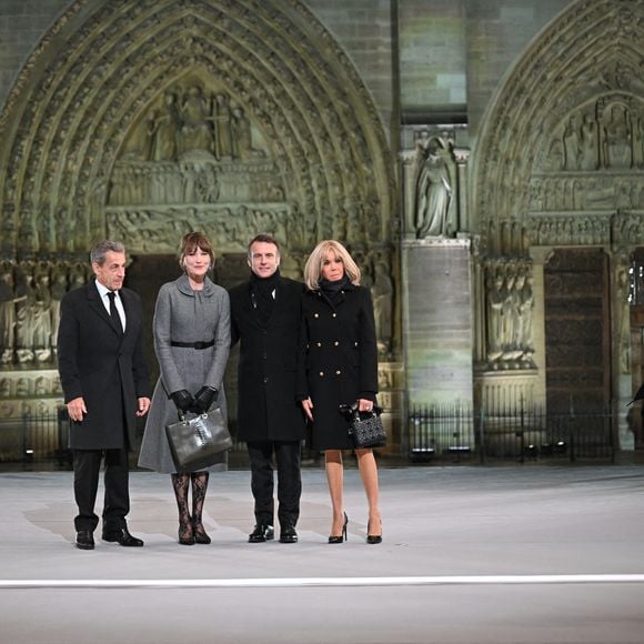 French President, Emmanuel Macron and his wife, Brigitte Macron, Former French President, Nicolas Sarkozy and his wife Carla Bruni attend the welcome ceremony at official reopening ceremony of Notre-Dame Cathedral in Paris, France on December 7, 2024, after more than five-years of reconstruction work following the April 2019 fire. © Eliot Blondet/Pool/Bestimage