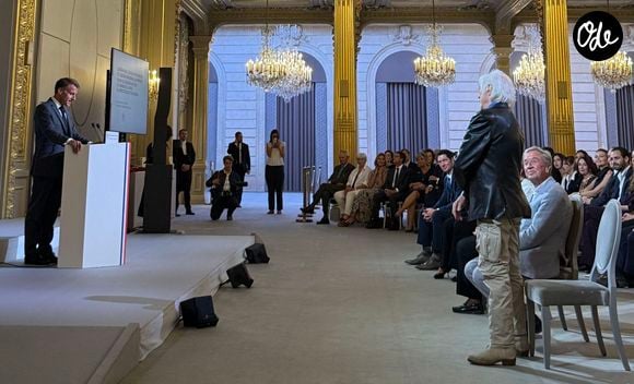 Emmanuel Macron, Hugues Aufray - Hugues Aufray (97 ans) a été élevé au rang de commandeur de l'ordre national du Mérite par Emmanuel Macron au palais de l’Elysée à Paris le 15 septembre 2026. | 00770130