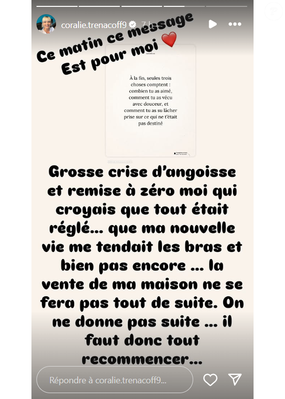 Mais un mois plus tard, c'est la désillusion : la vente n'a finalement pas abouti.

Coralie (Mariés au premier regard) annonce que, finalement, sa maison en France n'a pas été vendue.