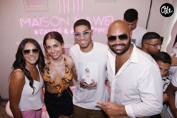 Exclusivité - Nawel Debbouze avec son mari Fouad Ben Kouider, Achraf Hakimi et son épouse Hiba Abouk - Inauguration de l'institut de beauté « Maison Nawel » à Marrakech, au Maroc, le 17 juin 2022. © Rachid Bellak/Bestimage