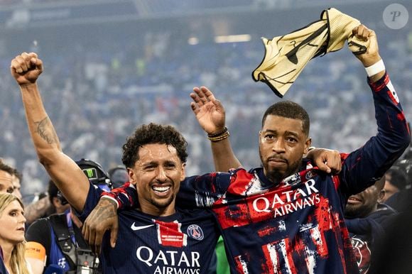 Marquinhos et Presnel Kimpembe - Le PSG remporte la Ligue Des Champions 2025, pour la première fois de son histoire, face à l'Inter Milan (5-0) à l'Allianz Arena de Munich, le 31 mai 2025.
© Cyril Moreau/Bestimage