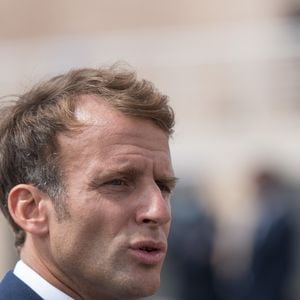 Le président de la République française, Emmanuel Macron lors d'une conférence de presse après la sortie en mer à bord du navire scientifique "Alfred Merlin" à Marseille Marseille, France, le 3 septembre 2021. © Florian Escoffier/Pool/Bestimage