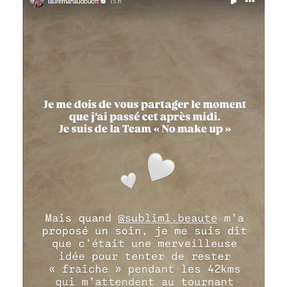 "Je me dois de vous partager le moment que j'ai passé cet après-midi. Je suis de la team 'No Make-Up' mais quand @subliml.beaute m'a proposé un soin, je me suis dit que c'était une merveilleuse idée pour tenter de rester 'fraîche' pendant les 42 kilomètres qui m'attendent au tournant le 12 avril", écrit-elle avant d'indiquer avoir opté pour un Lash Lift Coréen (ou rehaussement de cils coréen)

Laure Manaudou sur Instagram