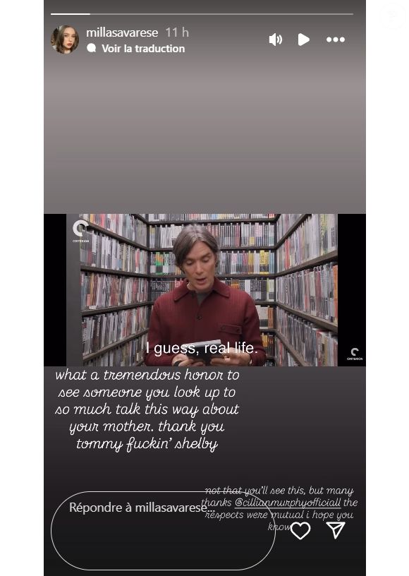 L'extrait de l'interview de Cillian Murphy au média Criterion, partagé sur Instagram par Milla Savarese, la fille d'Emilie Dequenne, ce dimanche 5 octobre 2025.