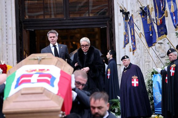 Le prince Emmanuel-Philibert de Savoie et sa mère Marina Ricolfi-Doria - Sorties des funérailles du prince Victor Emmanuel de Savoie en la cathédrale Saint-Jean-Baptiste de Turin le 10 février 2024. © Dominique Jacovides/Bestimage