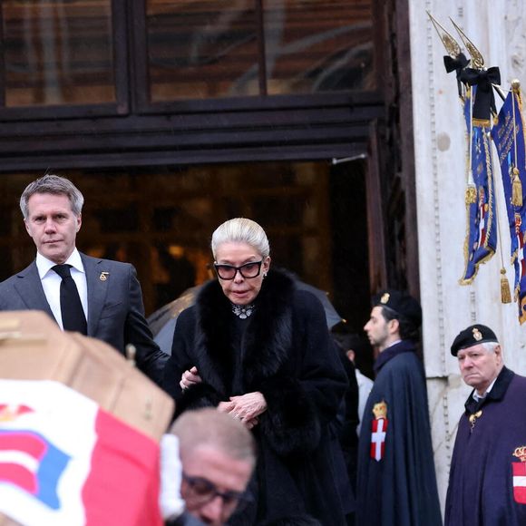 Le prince Emmanuel-Philibert de Savoie et sa mère Marina Ricolfi-Doria - Sorties des funérailles du prince Victor Emmanuel de Savoie en la cathédrale Saint-Jean-Baptiste de Turin le 10 février 2024. © Dominique Jacovides/Bestimage