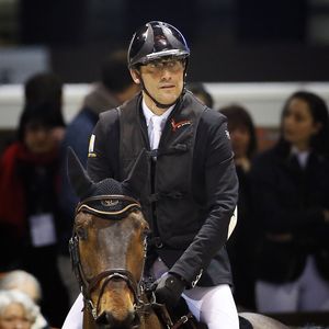 L'animateur de télévision Julien Courbet participe avec son cheval Quercy du Toune à la Coupe du monde Longines FEI de saut d'obstacles qui se tient au Parc des Expositions de Bordeaux, France, le 7 février 2014. Photo Patrick Bernard/Abaca