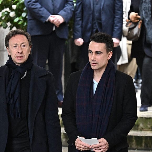 Stéphane Bern et Yori Bailleres lors de la cérémonie funéraire de Frédéric Mitterrand à l'église Saint-Thomas-d'Aquin à Paris, en France, le 26 mars 2024. 

Photo de DNPhotography/ABACAPRESS.COM