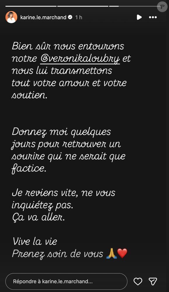 Capture d'écran de la story Instagram de Karine Le Marchand le jeudi 11 décembre 2025.