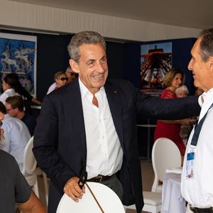 Exclusif - Roschdy Zem, Nicolas Sarkozy et Serge Varsano dans l'Espace VIP lors de la 9ème édition du "Longines Paris Eiffel Jumping" au Champ de Mars à Paris, France, le 25 juin 2023. © Perusseau-Veeren/Bestimage