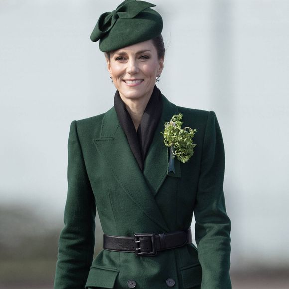La princesse Catherine (Catherine "Kate" Middleton, princesse de Galles), visite du 1er bataillon des Irish Guards à l'occasion du défilé de la Saint-Patrick à la caserne de Mons à Aldershot, Grande-Bretagne, 17 mars 2026.
© Dana Press / Bestimage