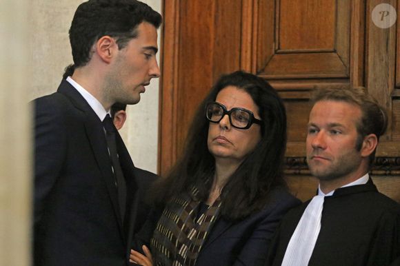 Françoise Bettencourt-Meyers, son fils Jean-Victor Meyers et son avocat Nicolas Huc-Morel - Jugements rendus des deux premiers procès de l'affaire dite Bettencourt pour trafic d'influence et abus de faiblesse sur la milliardaire Liliane Bettencourt. au tribunal de Bordeaux, le 28 mai 2015.  Jean-Marc Lhomer / Bestimage
.