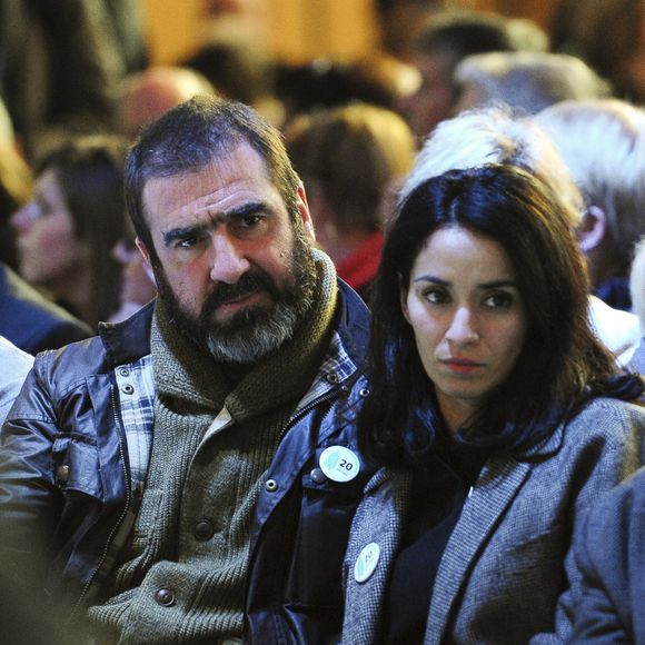 Eric Cantona et son épouse Rachida Brakni lors du forum de la Fondation Abbe Pierre sur la crise du logement en France à Paris, France le 1er février 2012. Photo Mousse/ABACAPRESS.COM