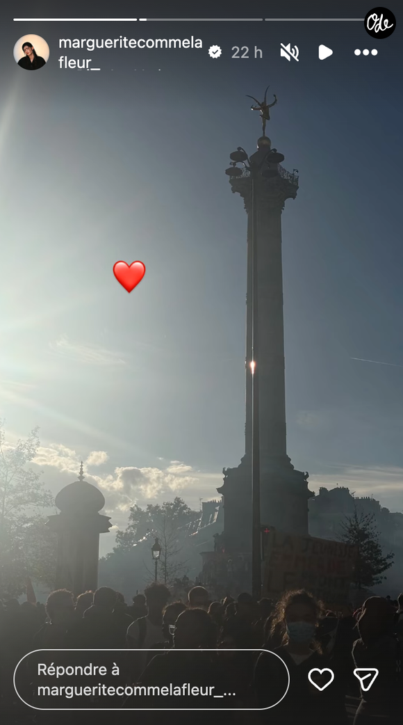 L'ancienne candidate de la Star Academy Marguerite a apporté son soutien aux étudiants et lycéens qui manifestaient le jeudi 8 octobre 2026 à Paris.

Crédit : margueritecommelafleur_/Instagram