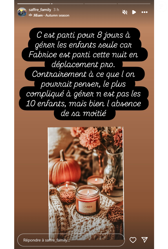 En effet, son mari Fabrice Saffré part en déplacement professionnel.

Céline Saffré (Familles nombreuses) se retrouve seule avec ses 10 enfants pendant que son mari est en déplacement professionnel, le 6 octobre 2025 sur Instagram.