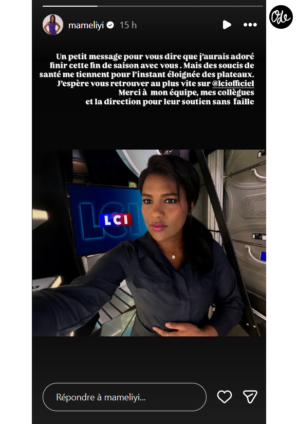 Elle espère retrouver les téléspectateurs au plus vite.

Marie-Aline Meliyi annonce son absence de l'antenne de LCI.