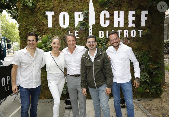 Exclusif - Stéphane Rotenberg et ses chefs Victor Mercier, Coline Faulquier, Camille Delcroix, Arnaud Delvenne - Ouverture du premier restaurant "Top Chef" Le Bistrot à Suresnes le 7 juillet 2022. © Marc Ausset-Lacroix/Bestimage