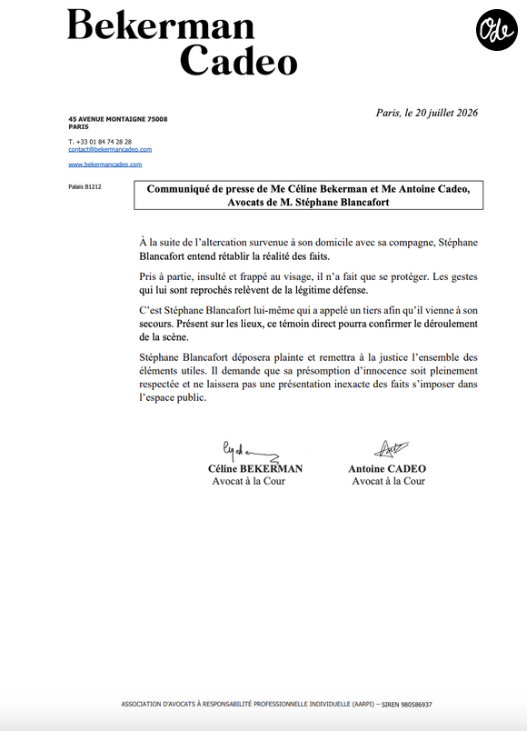 Communiqué de presse de Me Céline Bekerman et Me Antoine Cadeo,
Avocats de M. Stéphane Blancafort