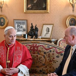Rencontre du Pape Léon XIV avec le Prince Albert II de Monaco au Palais Princier - Visite historique du Pape Léon XIV à Monaco le 28 mars 2026. Photo by Bruno Bebert/Pool/ABACAPRESS.COM