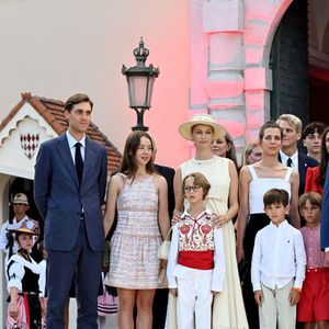 Ben Sylvester Strautmann, la princesse Alexandra de Hanovre, Francesco Casiraghi, Beatrice Borromeo, Charlotte Casiraghi et Balthazar Casiraghi-Rassam - Célébration des 20 ans de règne du prince souverain Albert II de Monaco sur la place du Palais à Monaco, le 19 juillet 2025. © Bruno Bebert/Bestimage
