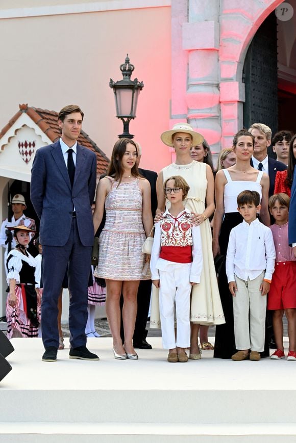 Ben Sylvester Strautmann, la princesse Alexandra de Hanovre, Francesco Casiraghi, Beatrice Borromeo, Charlotte Casiraghi et Balthazar Casiraghi-Rassam - Célébration des 20 ans de règne du prince souverain Albert II de Monaco sur la place du Palais à Monaco, le 19 juillet 2025. © Bruno Bebert/Bestimage