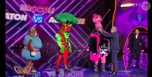 L'Autruche démasquée dans "Mask Singer 2025" par Chantal Ladesou et Laurent Ruquier. Il s'agit de Jeanfi Janssens. Emission du 2 mai 2025.