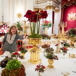 La touche finale est apportée aux fleurs de saison, par un fleuriste royal, sur les tables de la salle de bal du palais de Buckingham, à Londres, avant le banquet d'État de l'émir du Qatar, le cheikh Tamim bin Hamad Al Thani, lors de sa visite d'État au Royaume-Uni. Londres, Royaume-Uni, mardi 3 décembre 2024. Photo by Aaron Chown/PA Wire/ABACAPRESS.COM