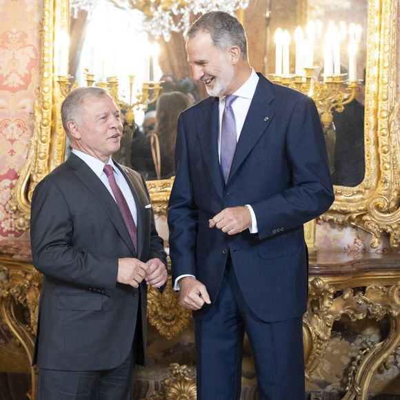 Le roi Felipe VI et la reine Letizia d’Espagne, reçoivent le roi Abdallah II et la reine Rania de Jordanie, accompagnés du prince Hashem de Jordanie, au palais royal de Madrid, le 19 juin 2023.  (Agence/Bestimage).
