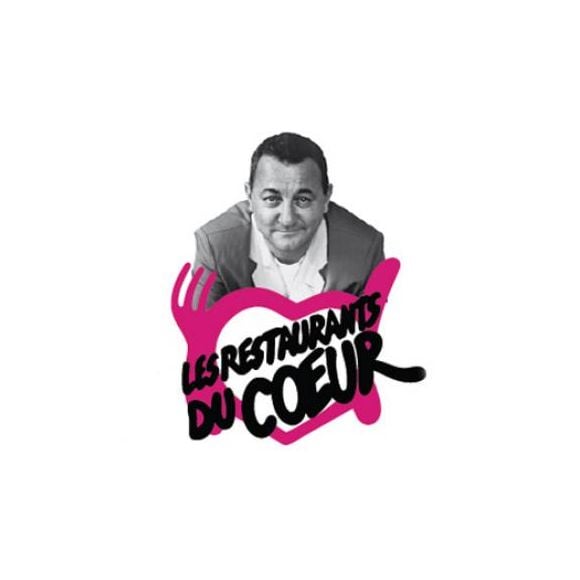 Le logo des Restos du coeur avec la photo de Coluche prise par Gaston Bergeret