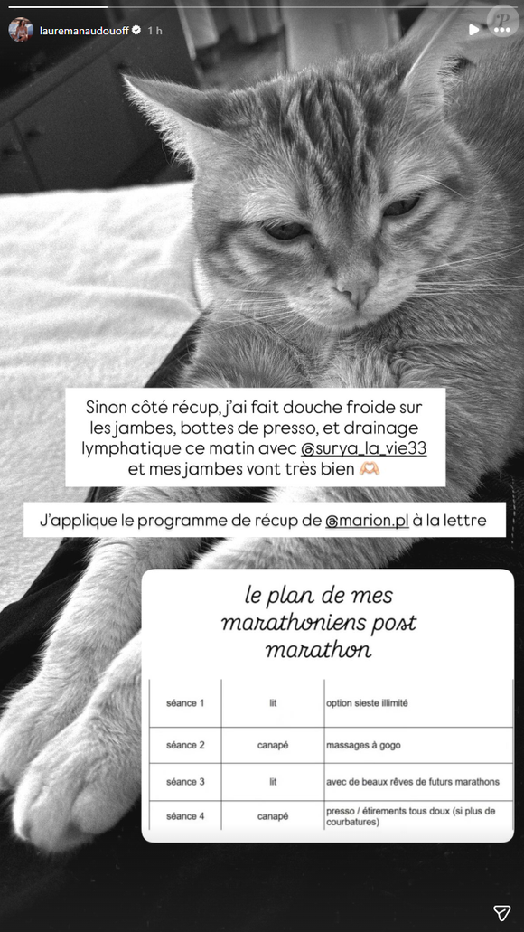 Pour bien récupérer de cet effort intense, elle suit désormais un programme rigoureux mêlant soins et repos.

Laure Manaudou donne des nouvelles après le Marathon de Paris.