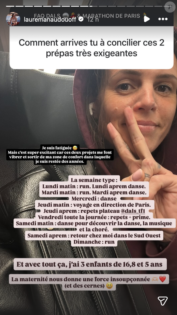 Son planning alterne entraînements de danse, course à pied et allers-retours à Paris.

Capture Instagram - @lauremanaudouoff