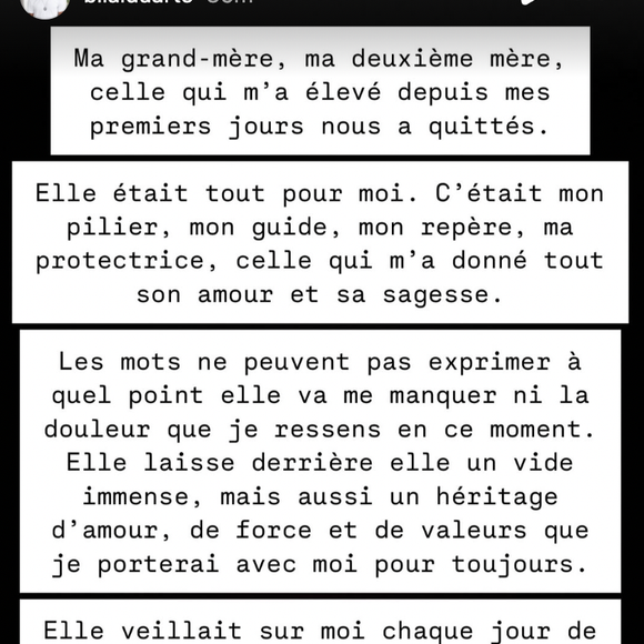 “C’était mon pilier, mon guide, mon repère, ma protectrice, celle qui m’a donné tout son amour et sa sagesse”, écrit le fils de Stomy Bugsy