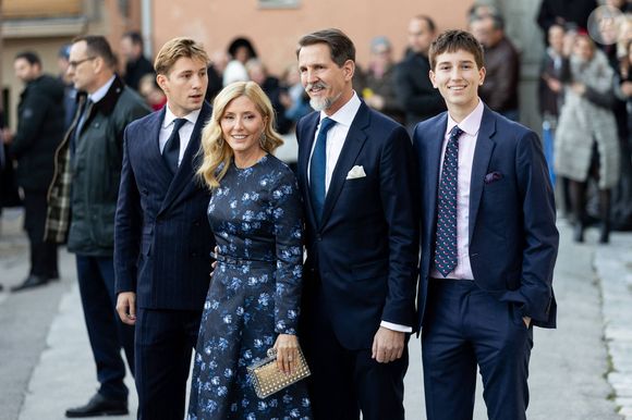 Le prince Paul de Grèce, la princesse Marie-Chantal, le prince Constantin-Alexios et le prince Odyseas-Kimon. Mariage du prince Nikolaos de Grèce et de Chrysi Vardinogianni à l'église Saint-Nicolas Ragavas d'Athènes, en Grèce, le 7 février 2025. 
©