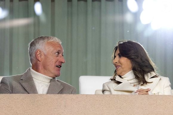 Didier Deschamps, le selectionneur de l'equipe de France, et sa femme Claude durant la rencontre de football de Ligue 1 Monaco - Paris Saint Germain (PSG) au stade Louis II de Monaco, le 18 décembre 2024.