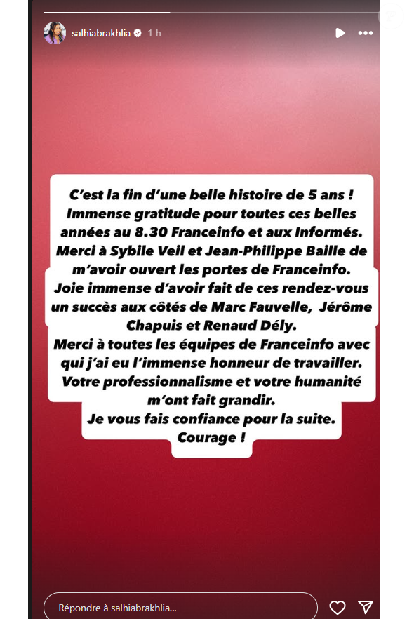 Elle a annoncé son départ de Franceinfo le 17 juin 2025, sur Instagram
Salhia  Brakhlia annonce son départ de Franceinfo, Instagram, le 17 juin 2025