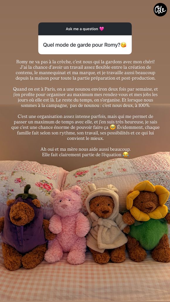 partage les coulisses de leur quotidien de jeunes parents, 

Story de Laure Bensadoun, la mère de Romy, dont le père est Alain-Fabien Delon