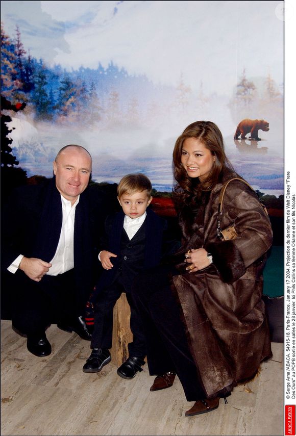 Paris-France, 17 janvier 2004. Projection du dernier film de Walt Disney "Frère Des Ours" au POPB sortie en salles le 28 janvier. Ici Phil Collins sa femme Orianne et son fils NIcholas.