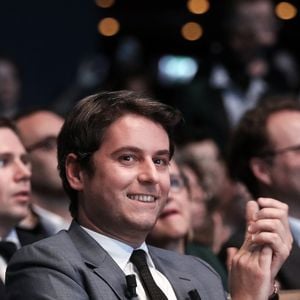 Le premier ministre, Gabriel Attal lors du meeting " Besoin d’Europe"  de Valérie Hayer, tête de liste de la majorité Renaissance pour les élections européennes à la maison de la mutualité, le 7 mai 2024. © Stéphane Lemouton / Bestimage