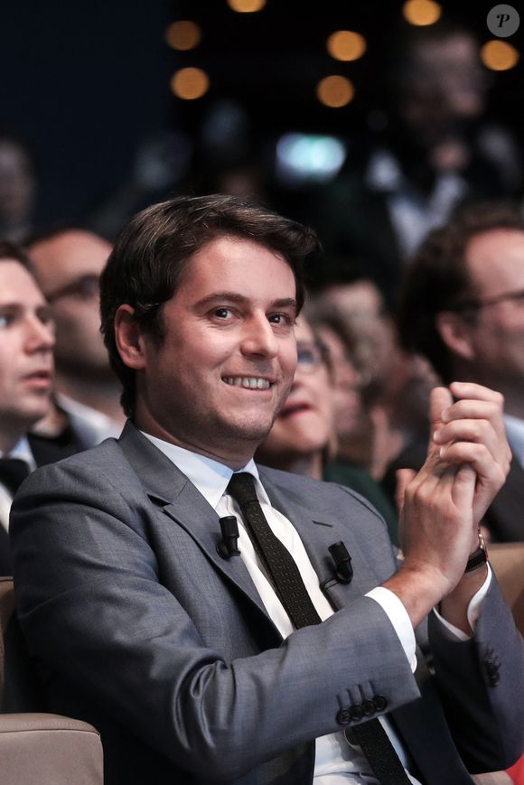 Le premier ministre, Gabriel Attal lors du meeting " Besoin d’Europe"  de Valérie Hayer, tête de liste de la majorité Renaissance pour les élections européennes à la maison de la mutualité, le 7 mai 2024. © Stéphane Lemouton / Bestimage