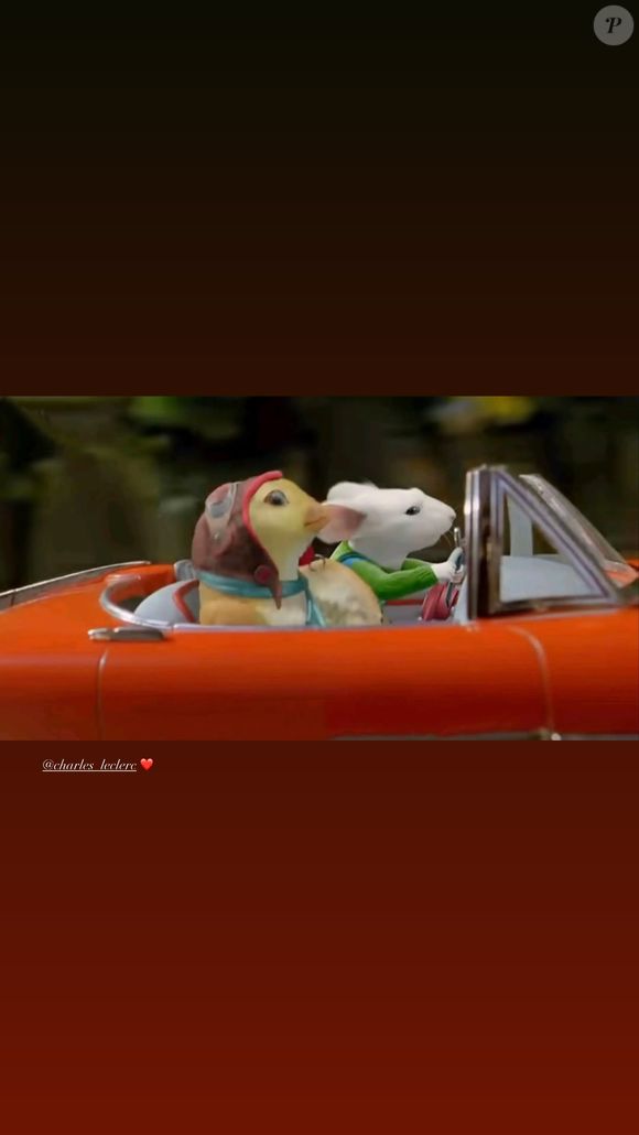 Celle-ci est tirée d’un extrait du film "Stuart Little 2", dans lequel la célèbre petite souris blanche est dans une voiture décapotable rouge avec son amie, le canari Margalo. 

Alexandra Saint Mleux partage une image via sa story Instagram moins de 24h après son mariage avec Charles Leclerc