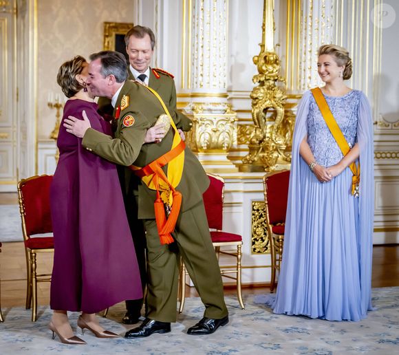 Grand-Duc Henri (Le grand-duc Henri de Luxembourg), Grande Duchesse Maria Teresa (La grande-duchesse Maria Teresa de Luxembourg), Grand-duc Guillaume (Le prince Guillaume, grand-duc héritier de Luxembourg), Stéphanie de Luxembourg (La comtesse Stéphanie de Lannoy, grande-duchesse héritière de Luxembourg), cérémonie d'adieu au Palais grand-ducal dans le cadre des célébrations marquant le changement de trône à Luxembourg, jour 1 à Luxembourg-Ville, Luxembourg, 3 octobre 2025. Photo by Dana Press / Bestimage