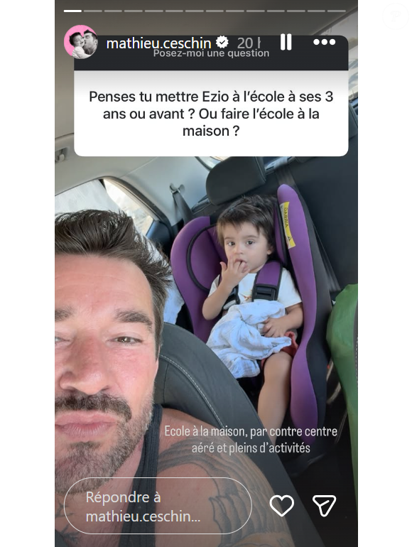 "Penses-tu mettre Ezio à l'école à ses trois ans ? Ou faire l'école à la maison ?", lui a-t-on demandé lors d'une session question/réponse sur Instagram.

Mathieu (L'amour est dans le pré) évoque l'éducation de son fils.