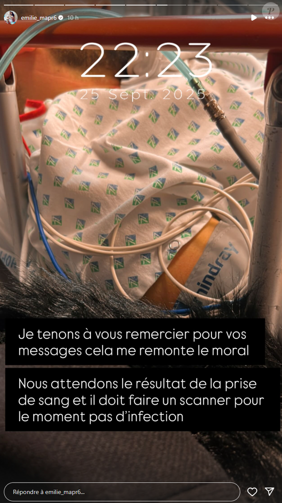 Au petit matin, Emilie explique que Michael a quitté l'hôpital et qu'il doit désormais faire des examens complémentaires.

Emilie (Mariés au premier regard) enceinte et très angoissée alors que son compagnon est hospitalisé.