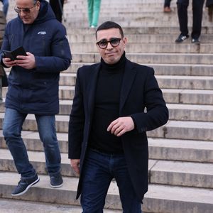 Brahim Asloum quittant la cérémonie funéraire de Rolland Courbis à l'église de la Madeleine à Paris, France, le 14 janvier 2026. Rolland Courbis, ancien footballeur français, entraîneur et commentateur médiatique au franc-parler, est décédé à l'âge de 72 ans. Photo par Jerome Domine/ABACAPRESS.COM