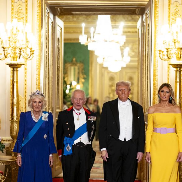 Donald J. Trump (président des Etats-Unis) et la Première dame Melania Trump, le roi Charles III d'Angleterre et Camilla Parker Bowles, reine consort d'Angleterre, le prince William, prince de Galles, et Catherine (Kate) Middleton, princesse de Galles, lors du banquet d'Etat au chateau de Windsor le 17 septembre 2025. Picture by Aaron Chown/WPA-Pool